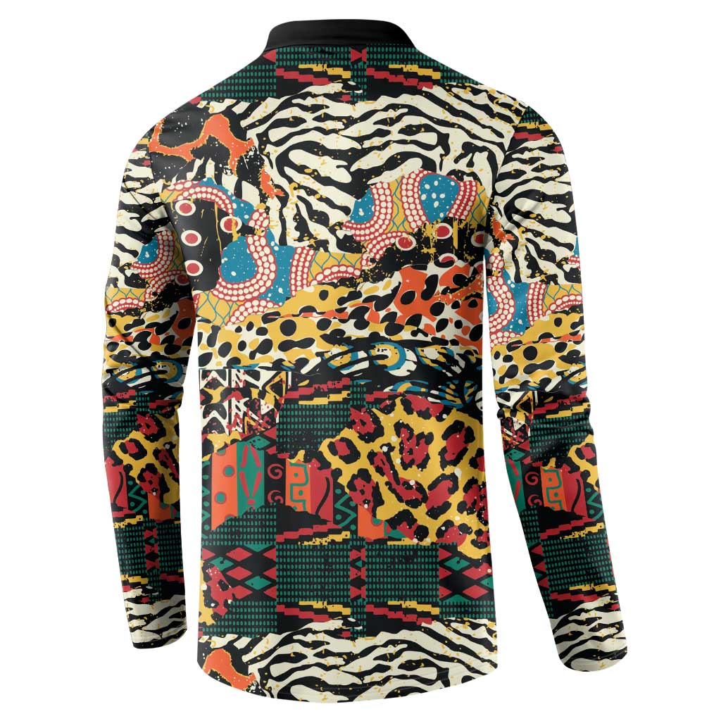 Multicolor animal-print button sweatshirt with black collar; back view, long sleeves.