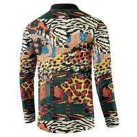 Multicolor animal-print button sweatshirt with black collar; back view, long sleeves.