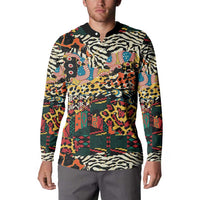 Multicolor animal-print button sweatshirt with black collar; worn by model, long sleeves.