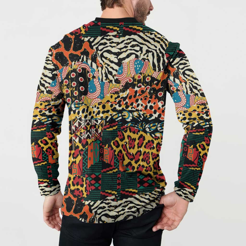 Multicolor animal-print button sweatshirt, black collar; back view on model, long sleeves.