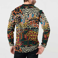 Multicolor animal-print button sweatshirt, black collar; back view on model, long sleeves.