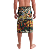 Multicolor wild animal print lavalava shorts with black trim and elastic waistband