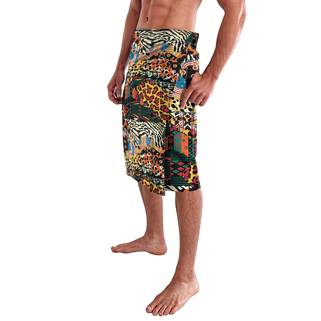 Multicolor patchwork animal print lavalava shorts with black elastic waistband