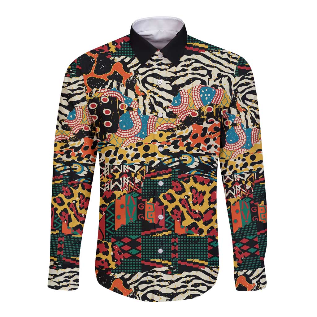Long-sleeve button-up shirt with multicolor wild animal skin pattern, collared front