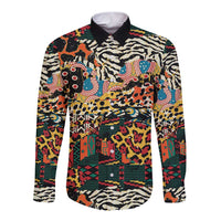 Long-sleeve button-up shirt with multicolor wild animal skin pattern, collared front