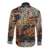 Long-sleeve button-up shirt with multicolor wild animal skin pattern, collared back view