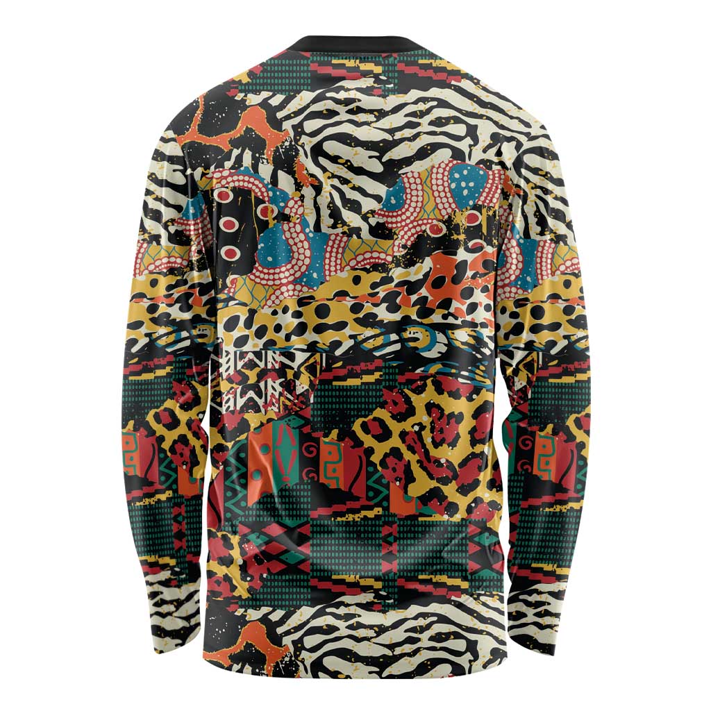 Multicolor graphic long-sleeve crewneck shirt with animal-print and geometric patchwork