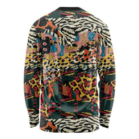 Multicolor graphic long-sleeve crewneck shirt with animal-print and geometric patchwork