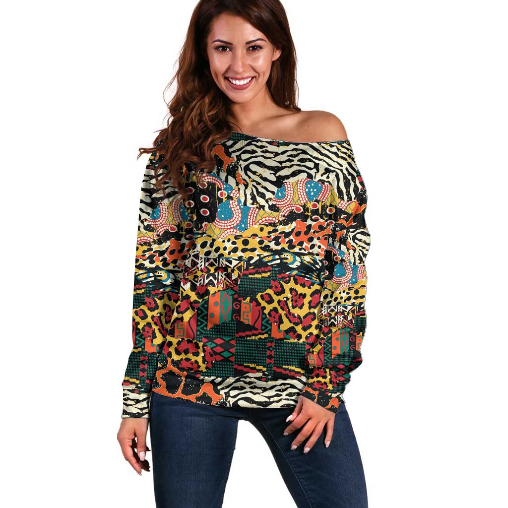 African Mixed Wild Animal Skins Off Shoulder Sweater