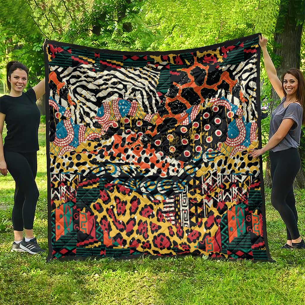 Multicolor wild animal skins quilt with bold geometric border and mixed animal motifs