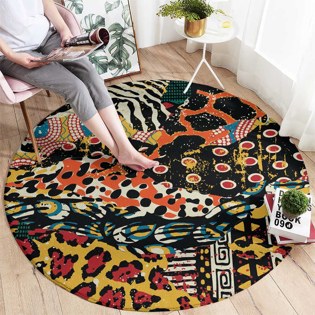 Round black patterned area rug with colorful wild animal shapes and dot details