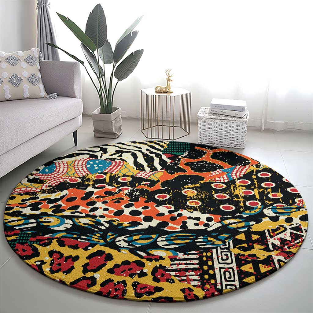 Round black wild animal print rug with multicolor graphic accents and border motifs