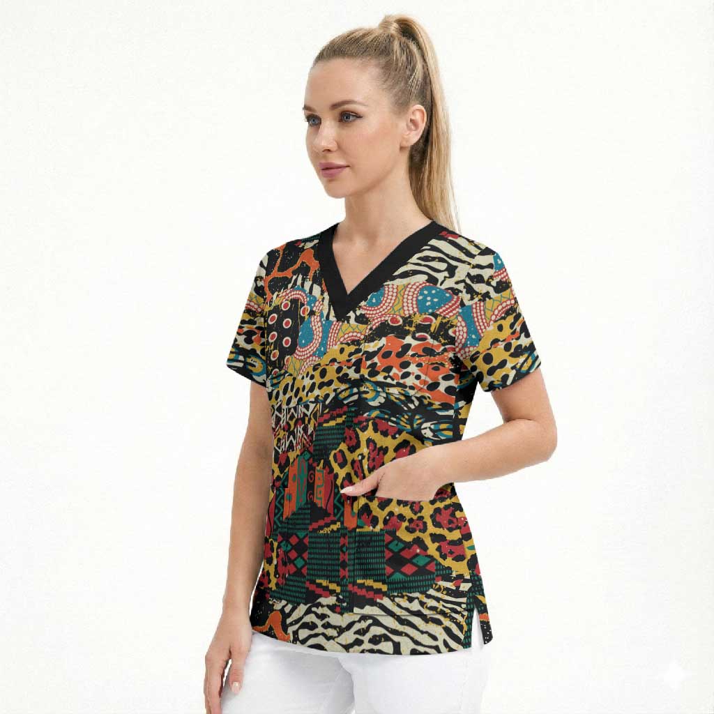 African Mixed Wild Animal Skins Scrub Top