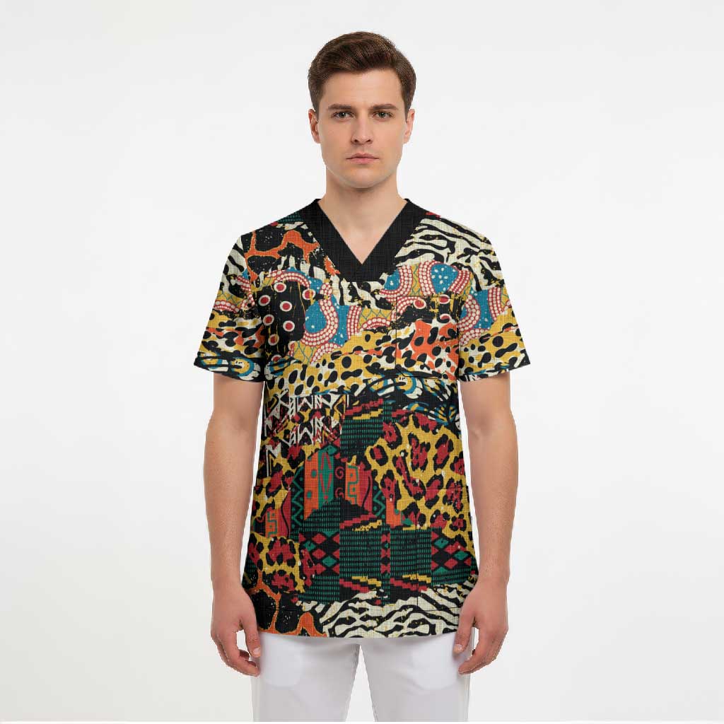 African Mixed Wild Animal Skins Scrub Top
