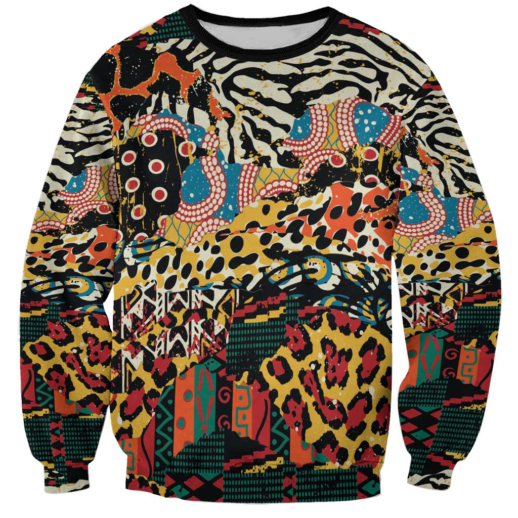 Unisex crewneck sweatshirt, front, multicolor wild animal skin pattern, long sleeves