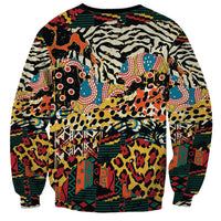 Unisex crewneck sweatshirt, back view, multicolor wild animal skin pattern, long sleeves