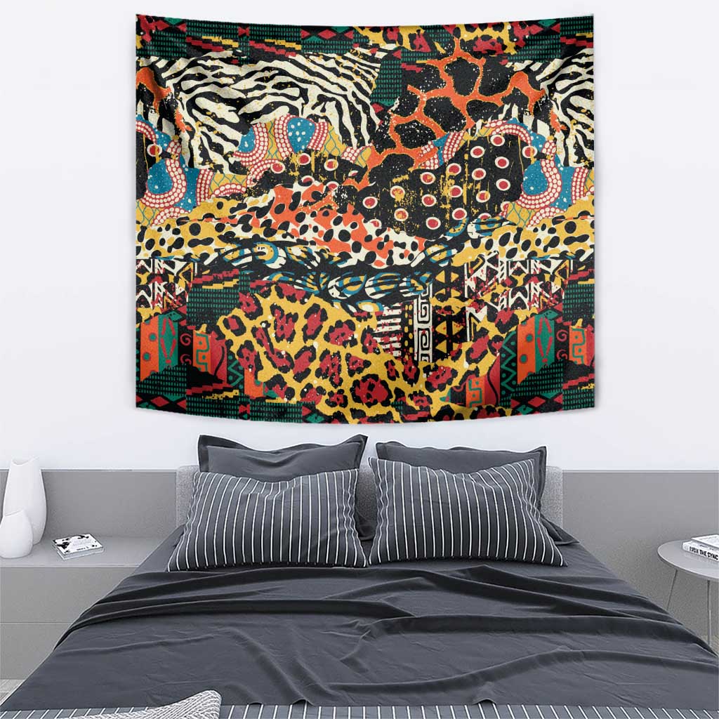 Rectangular tapestry featuring multicolor zebra, leopard, and spotted animal print design.
