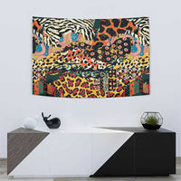 Rectangular wall tapestry with vibrant mixed animal skin patterns and decorative motifs.
