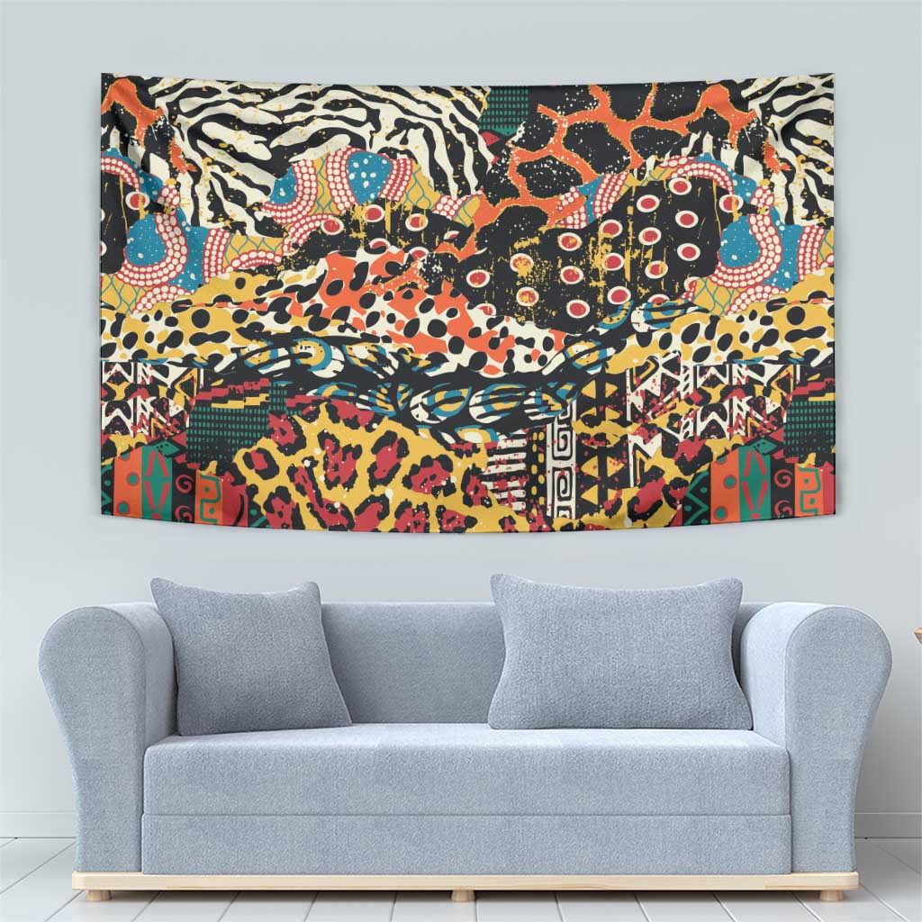 Rectangular tapestry with bold multicolor wild animal print collage and geometric borders.