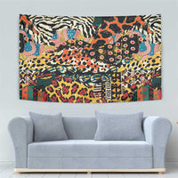 Rectangular tapestry with bold multicolor wild animal print collage and geometric borders.