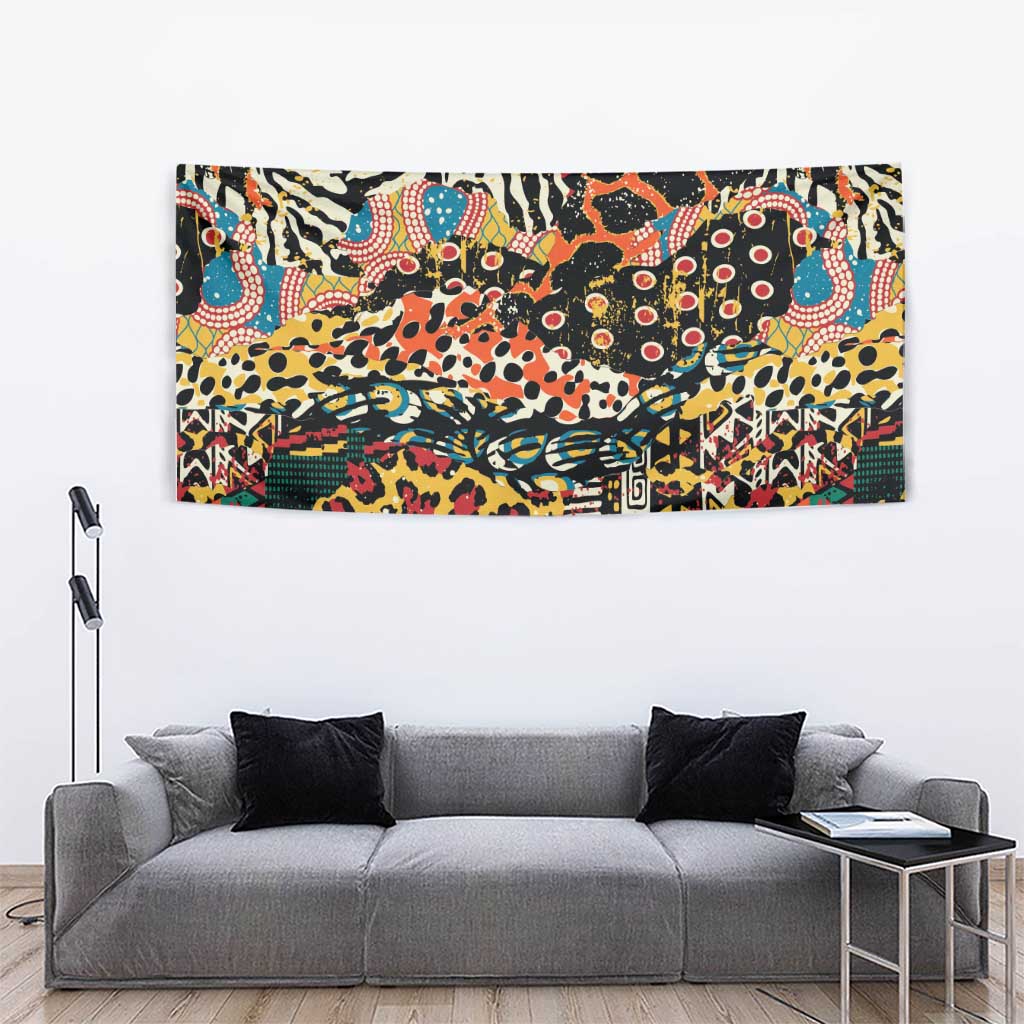 Rectangular tapestry showing multicolor zebra and leopard skin-inspired patterns.