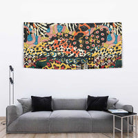 Rectangular tapestry showing multicolor zebra and leopard skin-inspired patterns.