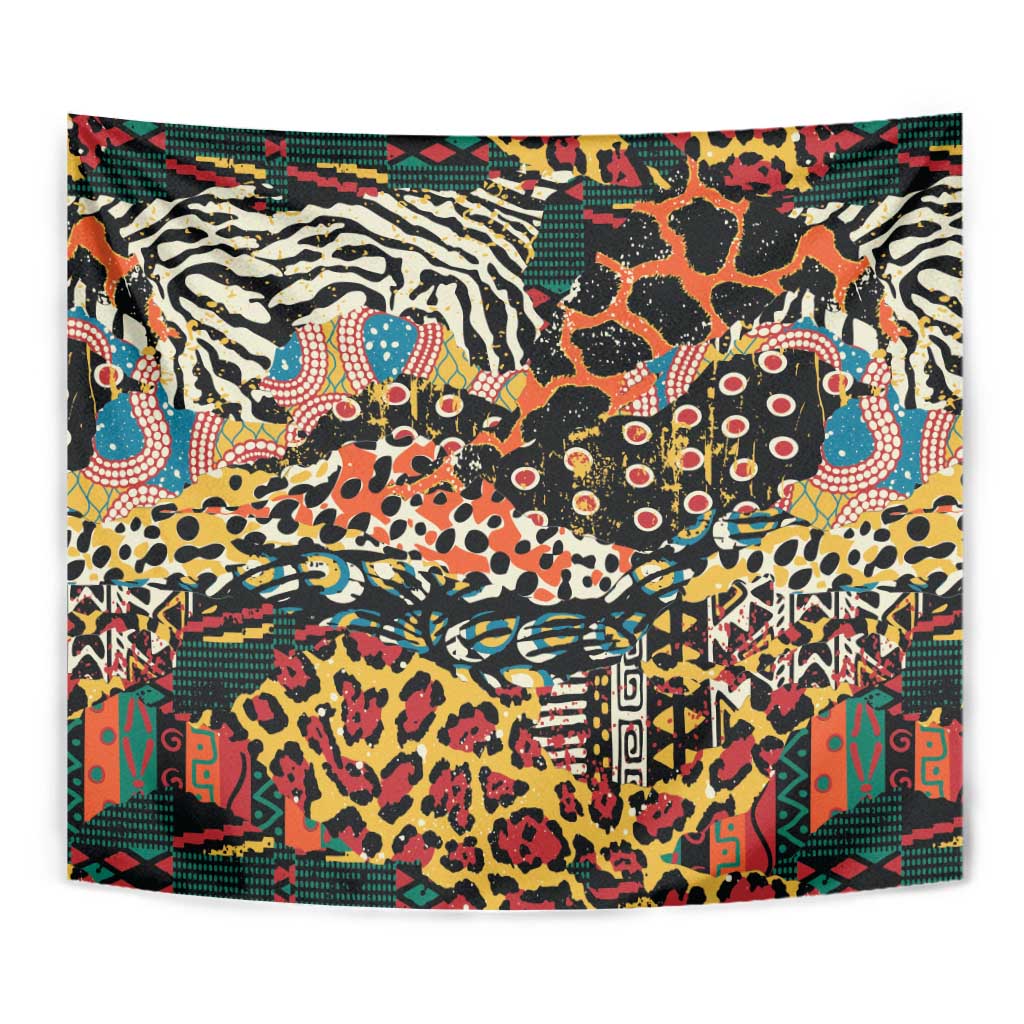Rectangular wall tapestry close-up with multicolor wild animal skin patchwork design.