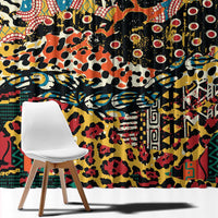 Close-up of colorful mixed animal skin pattern window curtain fabric in black and red
