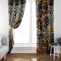Pair of long animal-print window curtains with black header and bright multicolor pattern