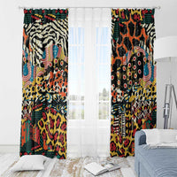 Animal-print window curtains with hanging rod rings, multicolor pattern on black base