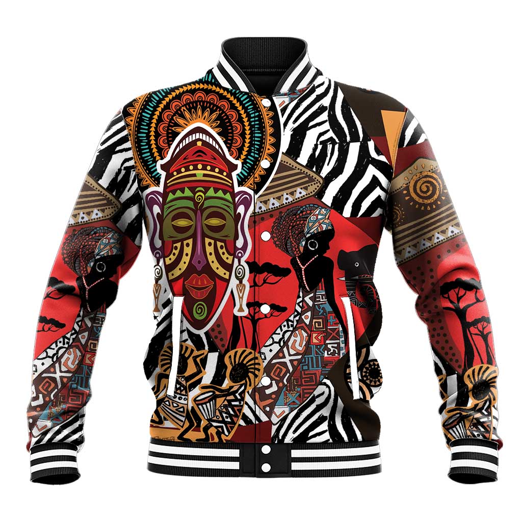 Unisex baseball jacket with bold African motif print, ribbed collar and snap front