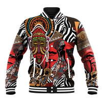 Unisex baseball jacket with bold African motif print, ribbed collar and snap front