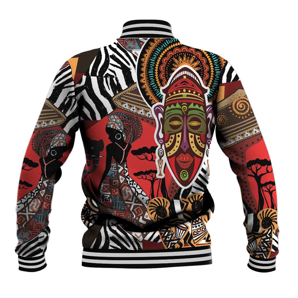 Unisex baseball jacket with large African face and animal motif, ribbed hem and cuffs
