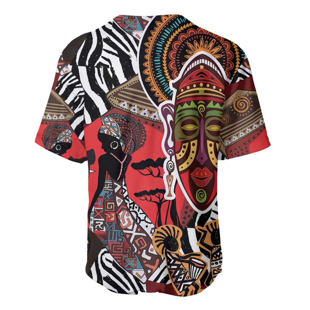 Red and black ethnic jersey with zebra stripes and large African face artwork, short sleeves