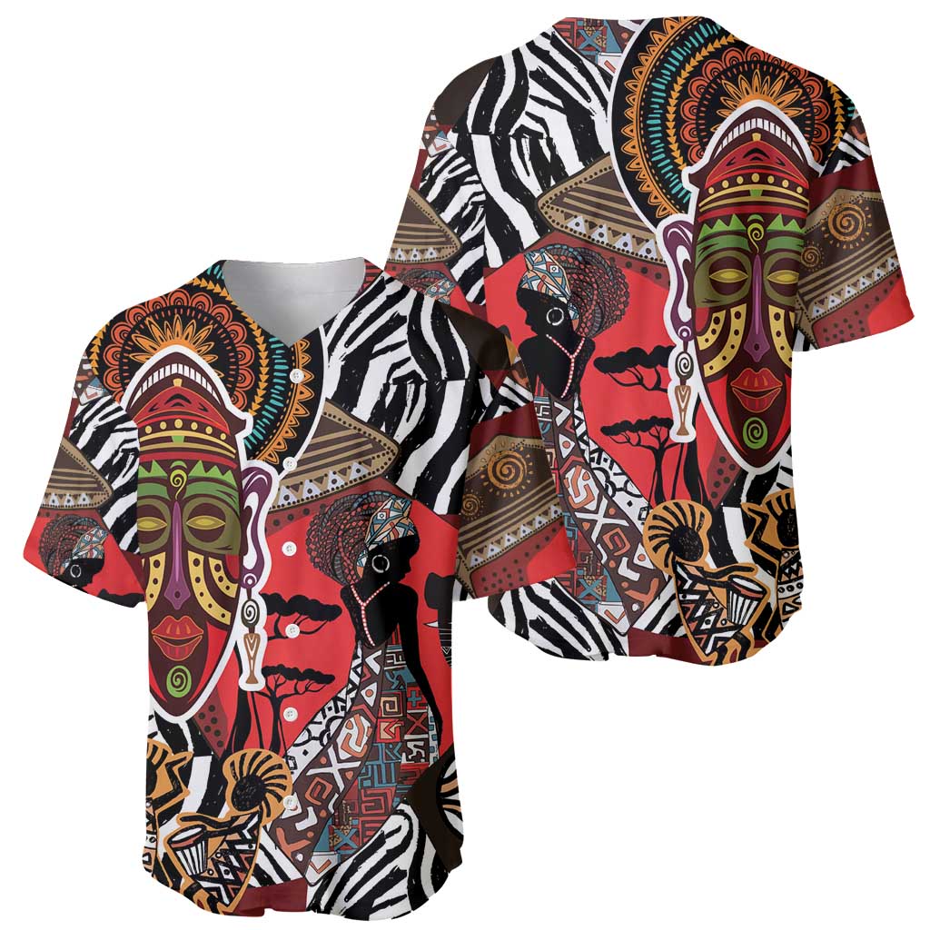 Red and black patterned ethnic jersey with African face and figures, short sleeves