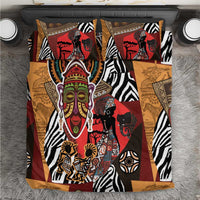 African-themed bedding set with red, black, tan and zebra stripes motif on bedspread