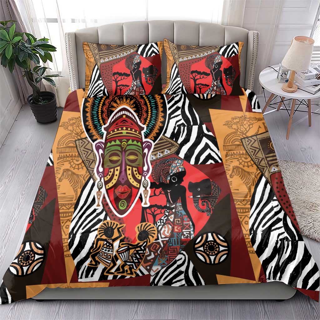 Ethnic motif bedding set: red and tan panels with zebra stripes, face and animal designs