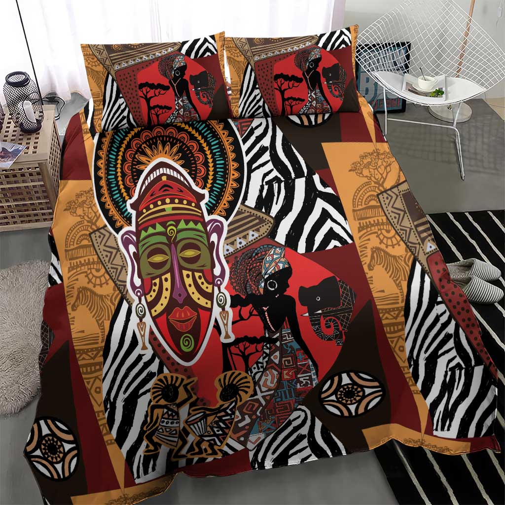 African ethnic bedding set with bold face, animal figures, red accents, tan borders, zebra print