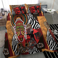 African ethnic bedding set with bold face, animal figures, red accents, tan borders, zebra print