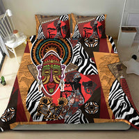 Bedding set featuring red, tan and black African portrait and zebra stripe patchwork design