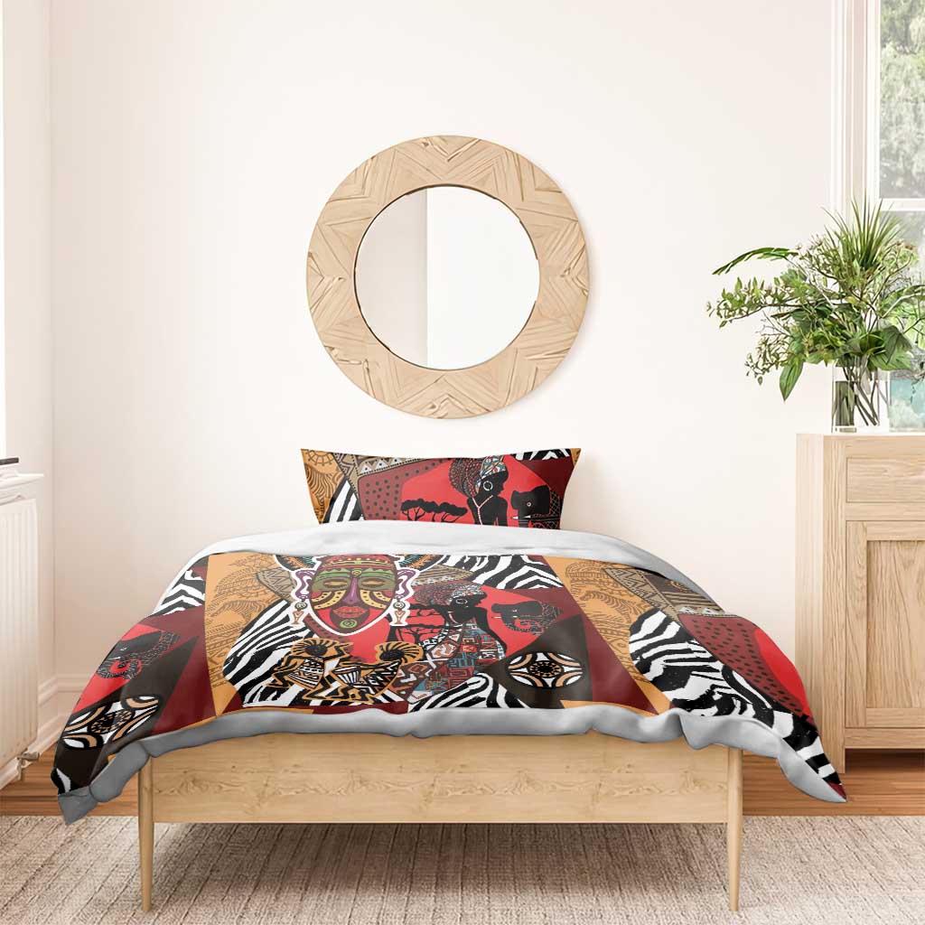 Ethnic patterned bedding set with red and tan African face motif and zebra stripes on duvet