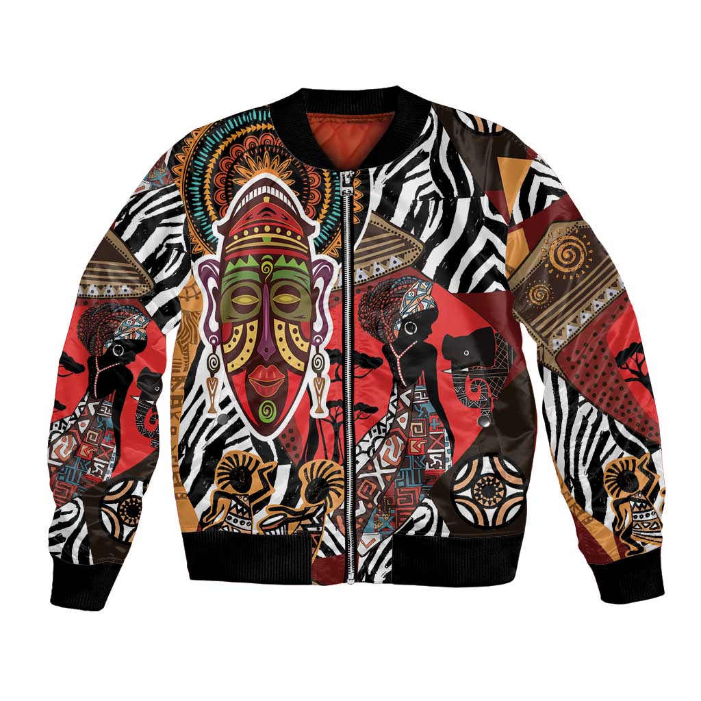 Red bomber jacket with zebra stripes, African face graphic, and patchwork sleeve art