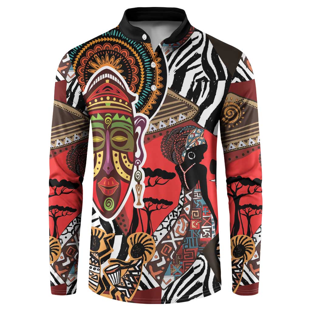 Long-sleeve African print button sweatshirt with colorful tribal faces, zebra stripes, black collar