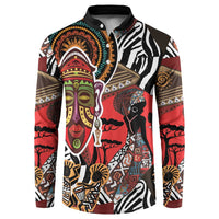 Long-sleeve African print button sweatshirt with colorful tribal faces, zebra stripes, black collar