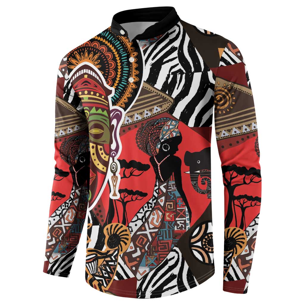 Long-sleeve African print button sweatshirt, black collar, bold tribal figures and animal motifs
