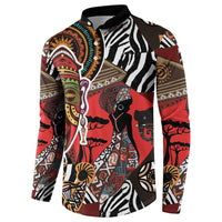 Long-sleeve African print button sweatshirt, black collar, bold tribal figures and animal motifs