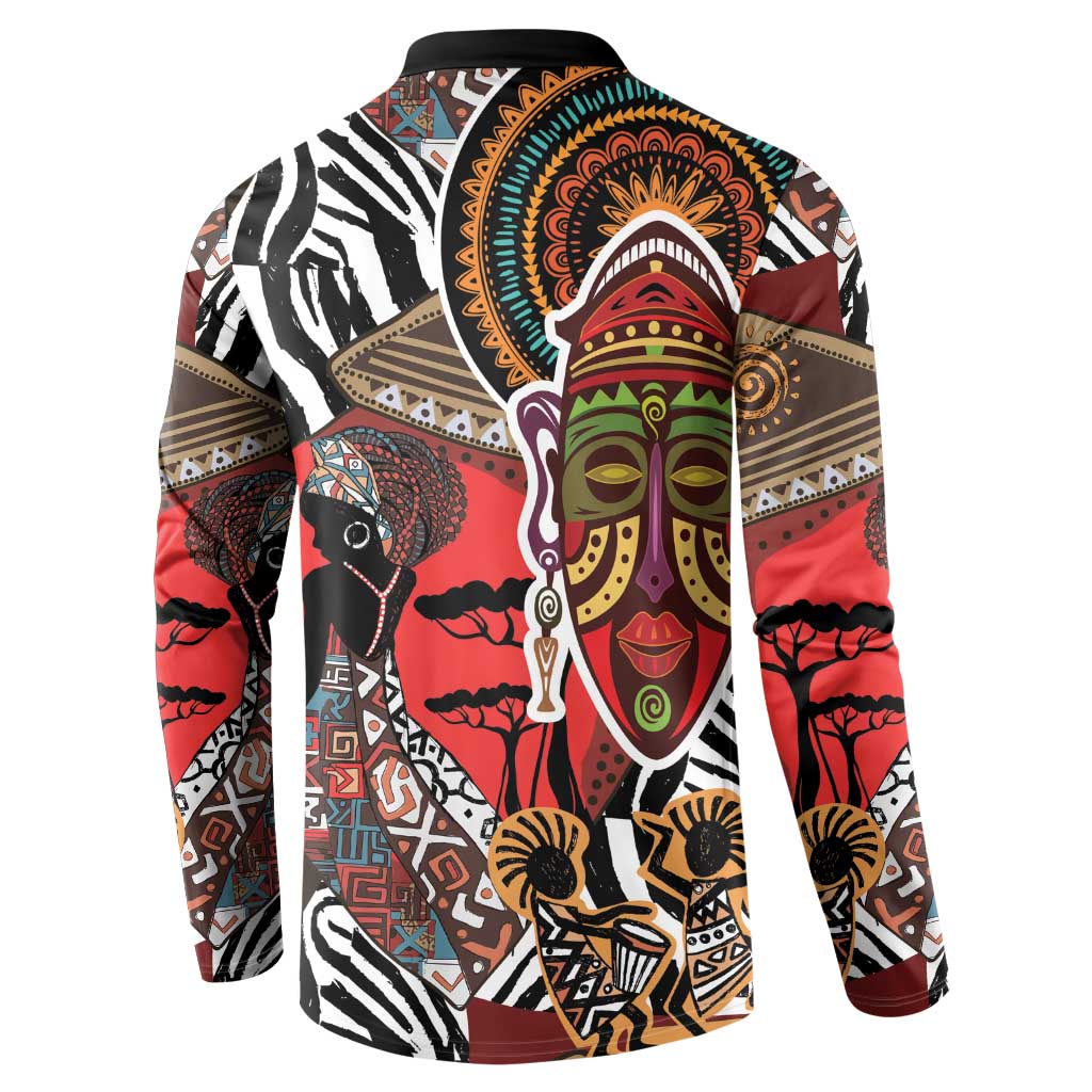 Long-sleeve African print button sweatshirt, black collar, large tribal face motif on back