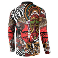 Long-sleeve African print button sweatshirt, black collar, large tribal face motif on back