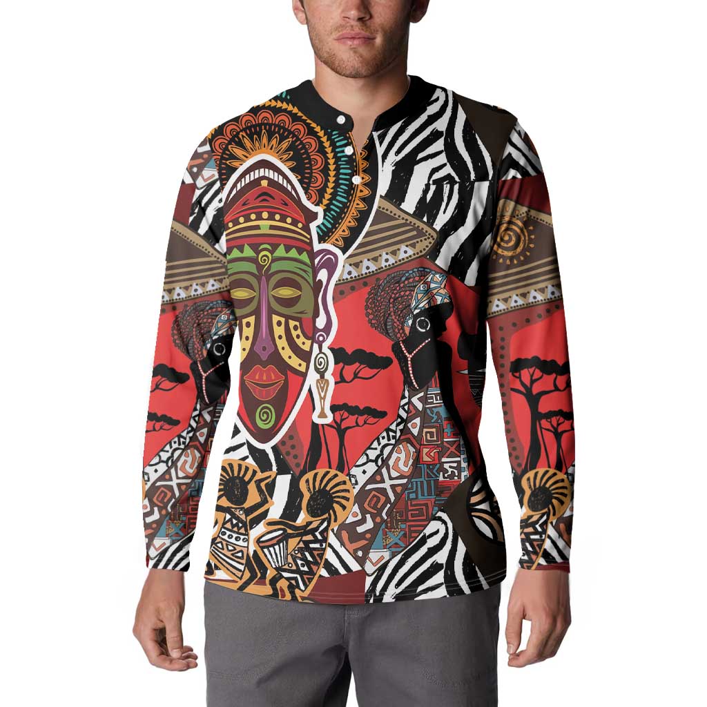 Long-sleeve African print button sweatshirt with button placket, tribal face art and zebra pattern