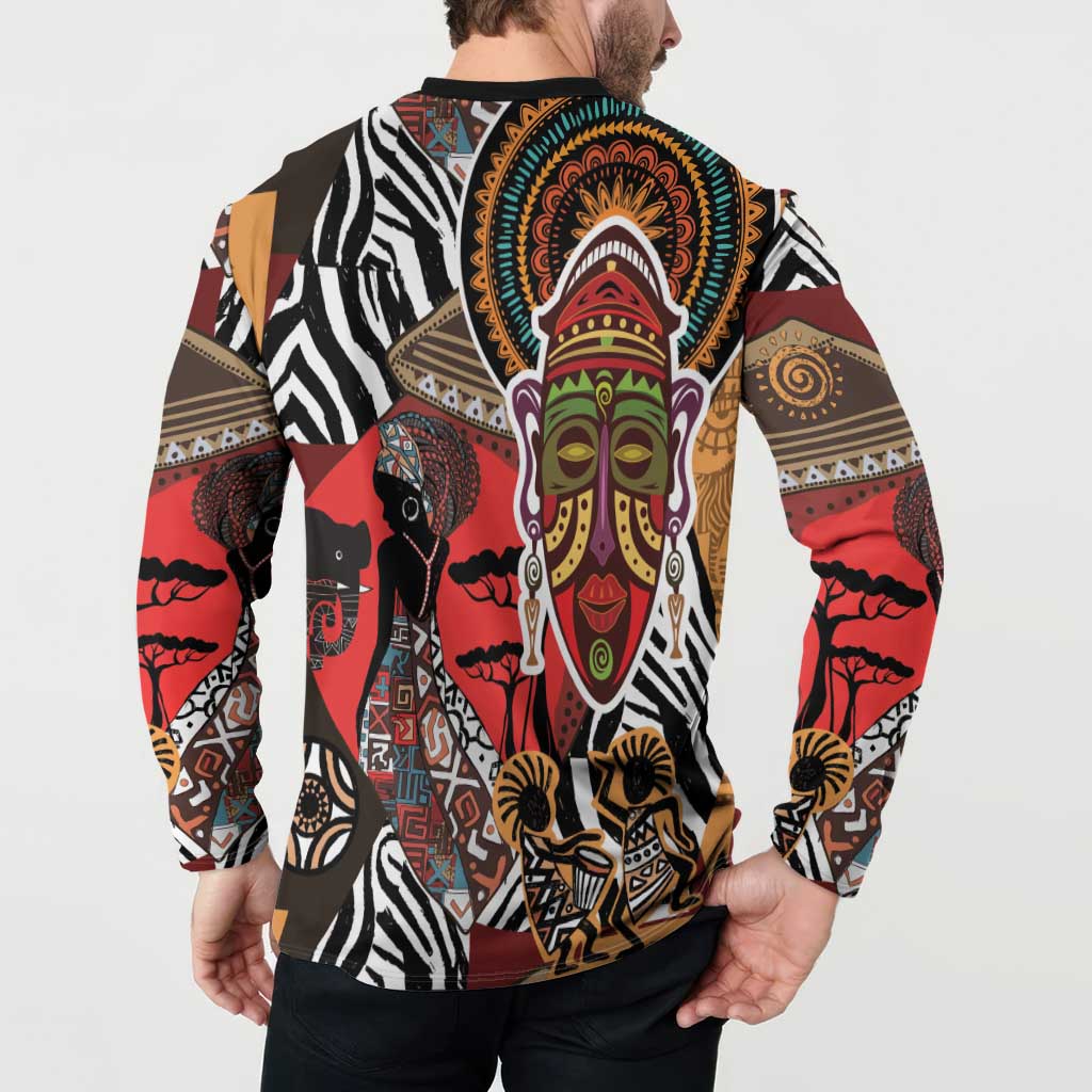 Long-sleeve African print button sweatshirt, back view, large tribal face and animal motifs